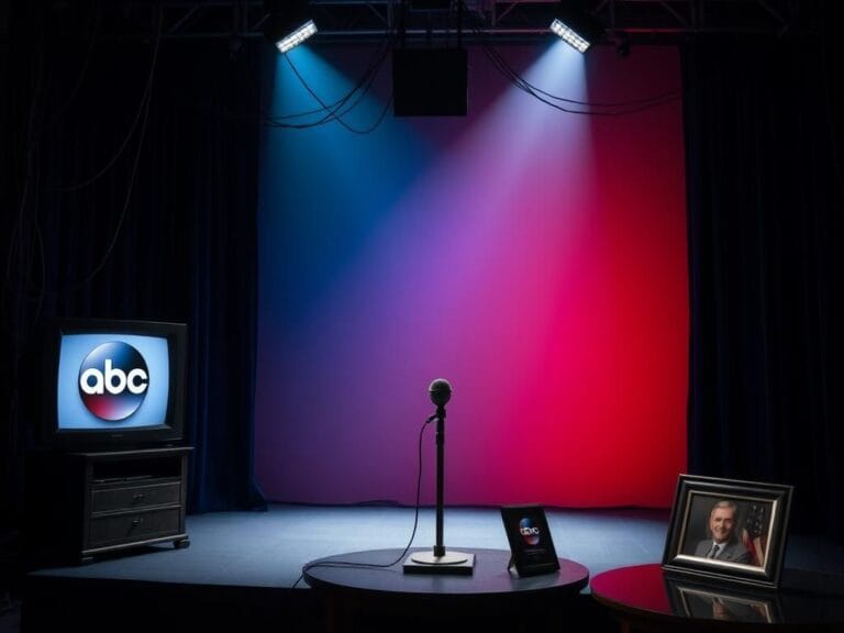 Flick International A dimly lit television studio set with a vintage microphone symbolizing the Charlie Kirk tribute special