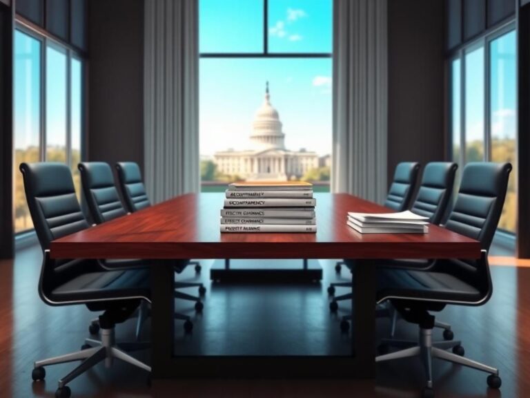 Flick International Stylized modern office setting with a conference table and documents on accountability, transparency, and effective governance.