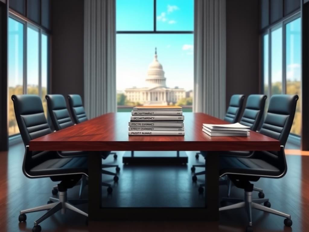 Flick International Stylized modern office setting with a conference table and documents on accountability, transparency, and effective governance.