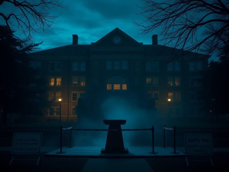 Flick International Dimly lit university campus at dusk with an empty podium and security barriers