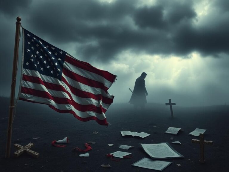 Flick International A somber scene depicting a crumbling American flag symbolizing the decay of traditional values amidst a foggy landscape.