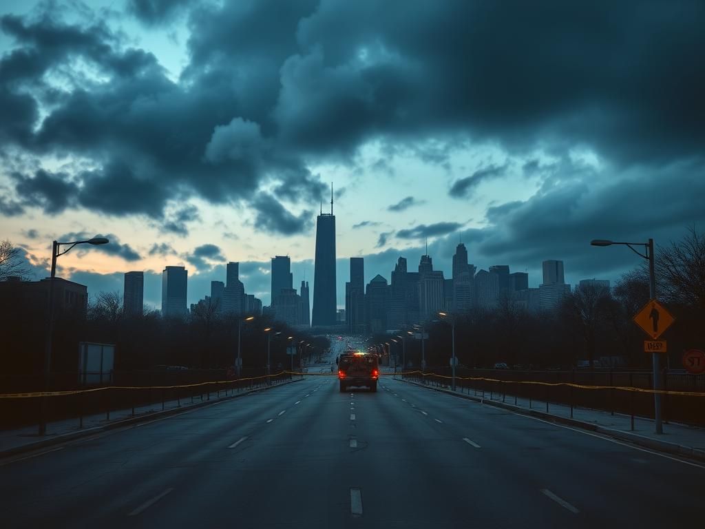 Flick International Aerial view of Chicago skyline at dusk with police barriers on empty street