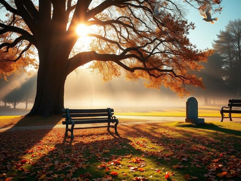 Flick International A tranquil park setting featuring a majestic oak tree with autumn leaves, a wooden bench, and a memorial marker