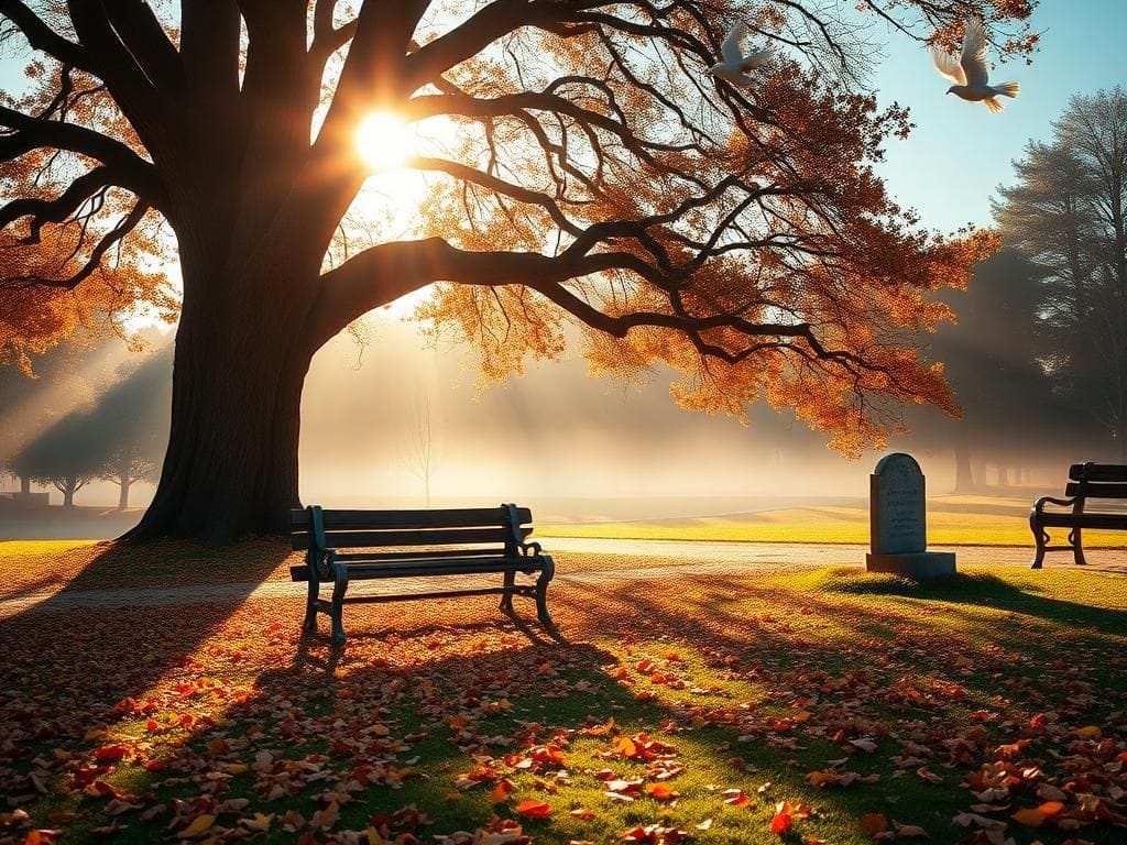 Flick International A tranquil park setting featuring a majestic oak tree with autumn leaves, a wooden bench, and a memorial marker