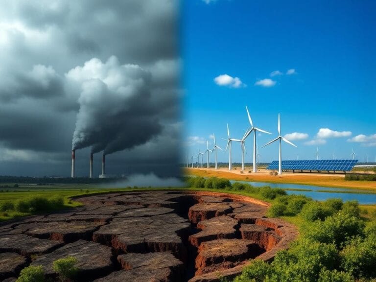 Flick International Stark contrast between a polluted industrial landscape and a vibrant renewable energy scene