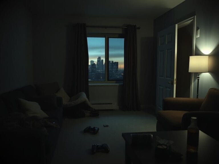 Flick International Dimly lit, empty townhome interior suggesting unease and tension