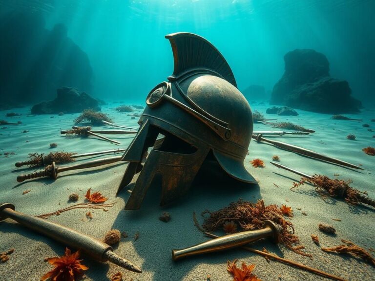 Flick International Ancient Roman bronze helmet resting on sandy seabed surrounded by marine life