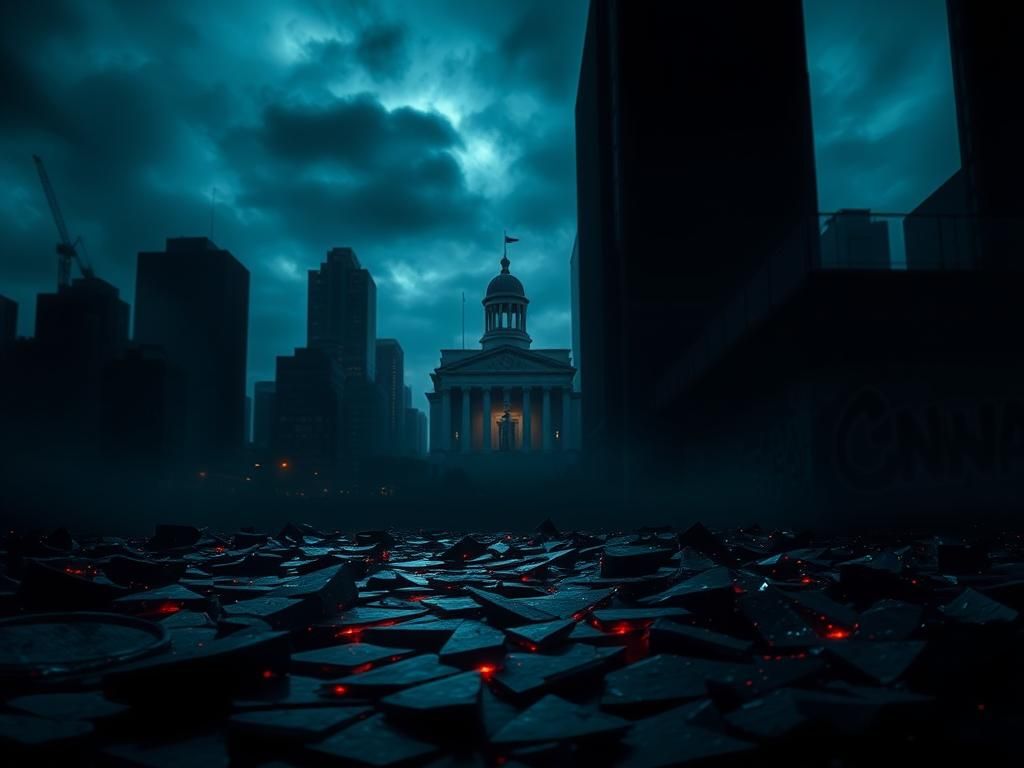 Flick International Dark cityscape at night with broken glass shards and courthouse silhouette
