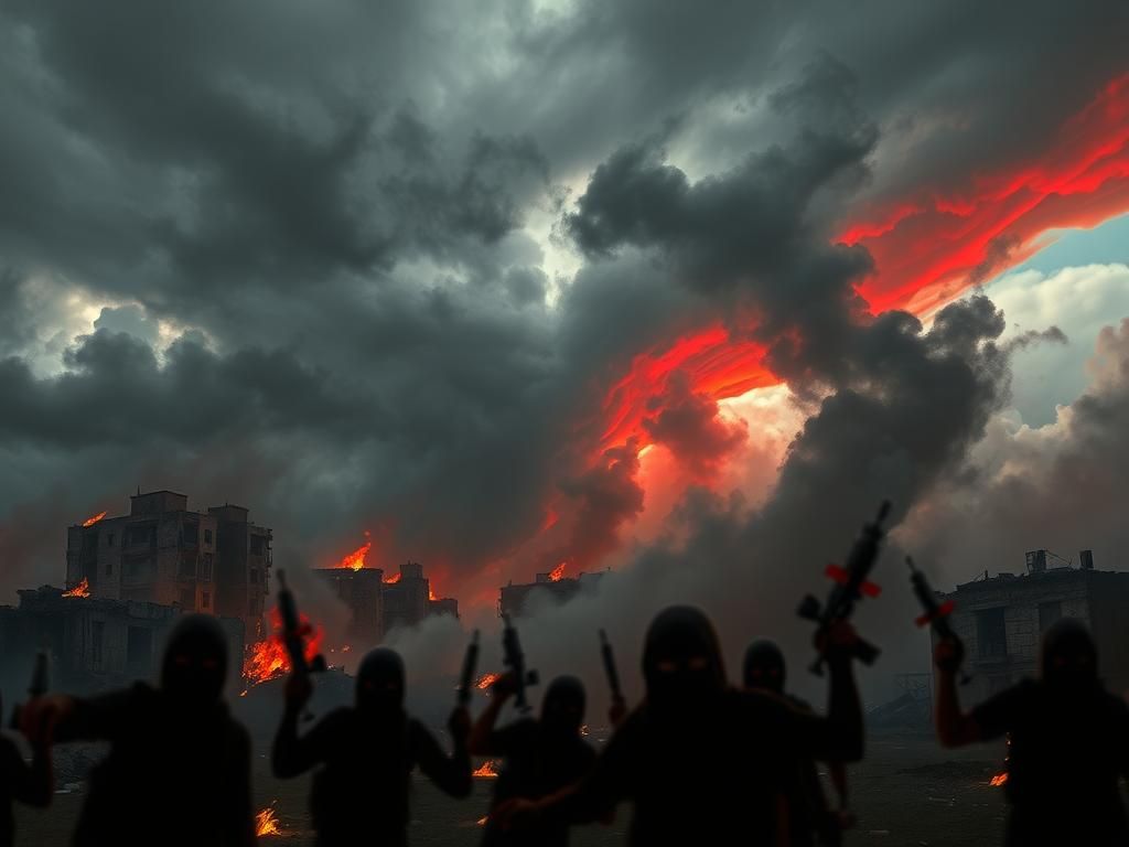 Flick International Abstract depiction of chaos with dark storm clouds over a turbulent urban landscape