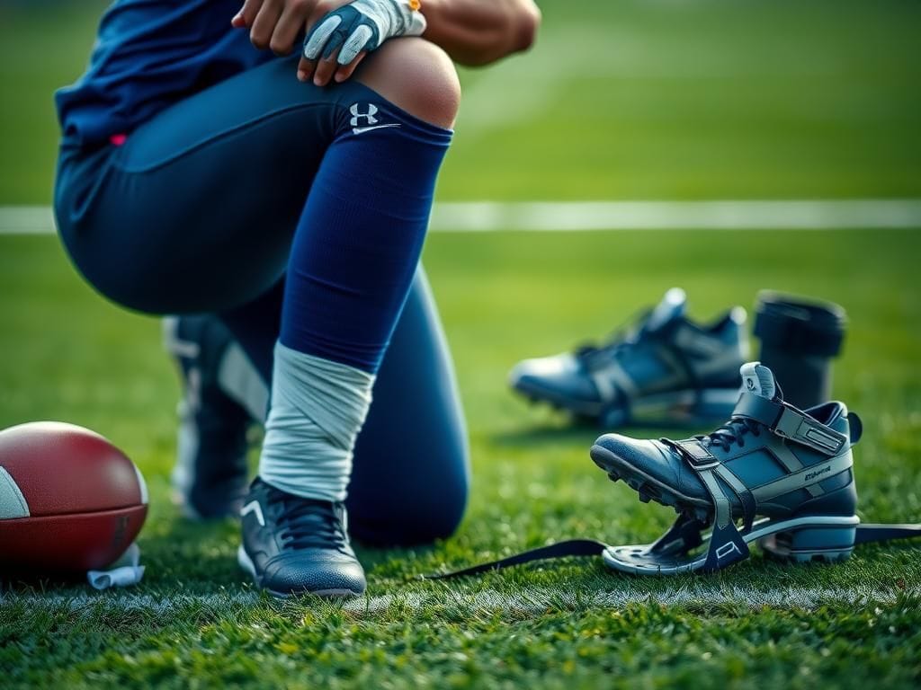 Flick International Close-up of a football player with a sprained knee and an empty pair of cleats symbolizing injuries
