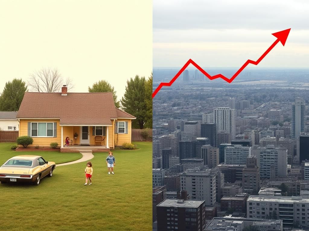 Flick International A split scene showing a vintage suburban neighborhood from the 1970s contrasted with a modern cityscape, depicting financial disparity.