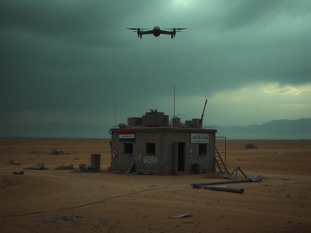 Flick International A weathered military outpost in a barren desert landscape of Iraq under a moody sky.
