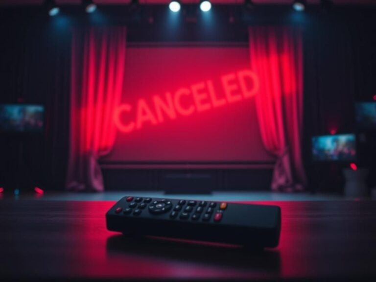 Flick International Silhouette of a television studio backdrop with a dimly lit stage and a dropped curtain, representing a canceled show.