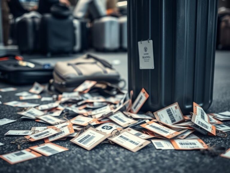 Flick International Discarded luggage tags on the airport floor next to a trash bin