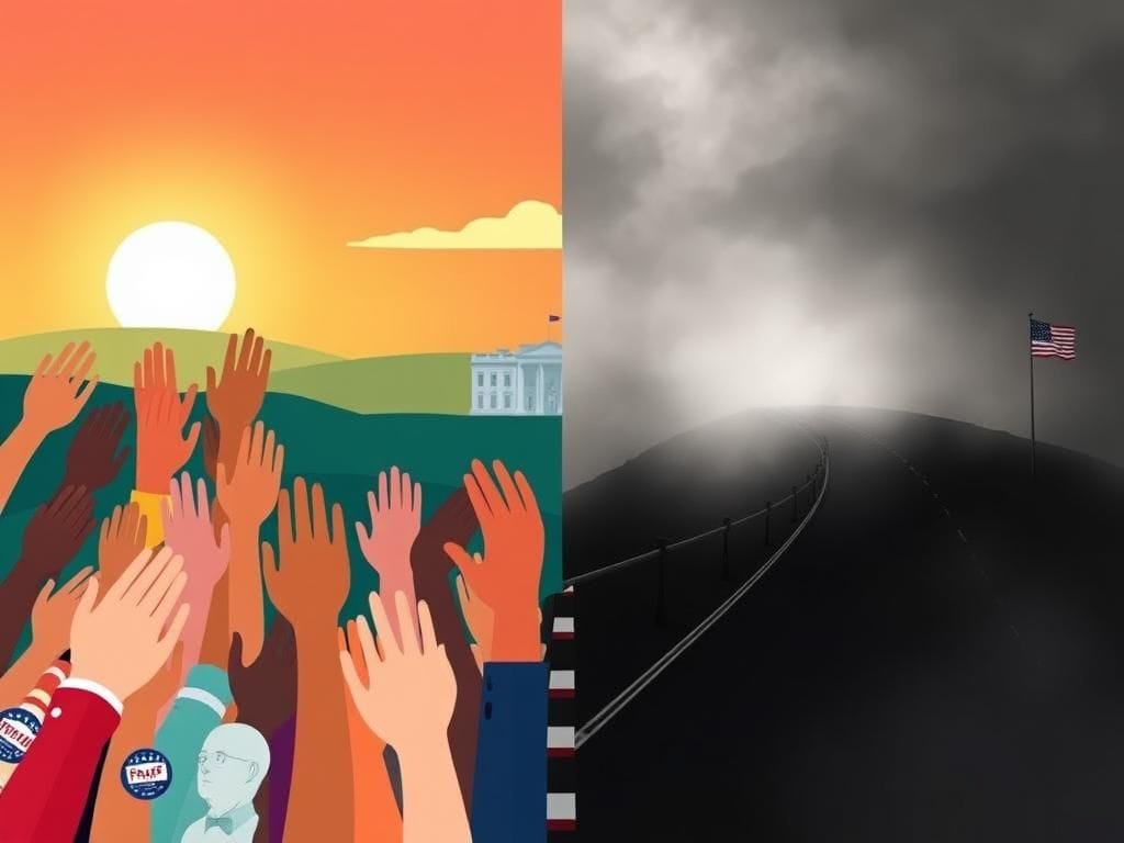 Flick International A split-image scene contrasting two political paths with diverse hands reaching towards a bright horizon and a winding road into fog.