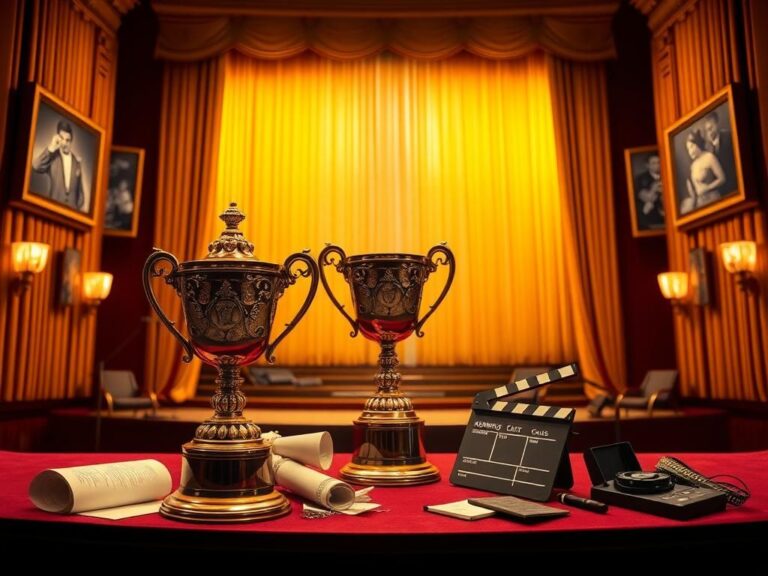 Flick International Elegant Kennedy Center stage with ornate golden curtains and a gleaming trophy symbolizing artistic honor