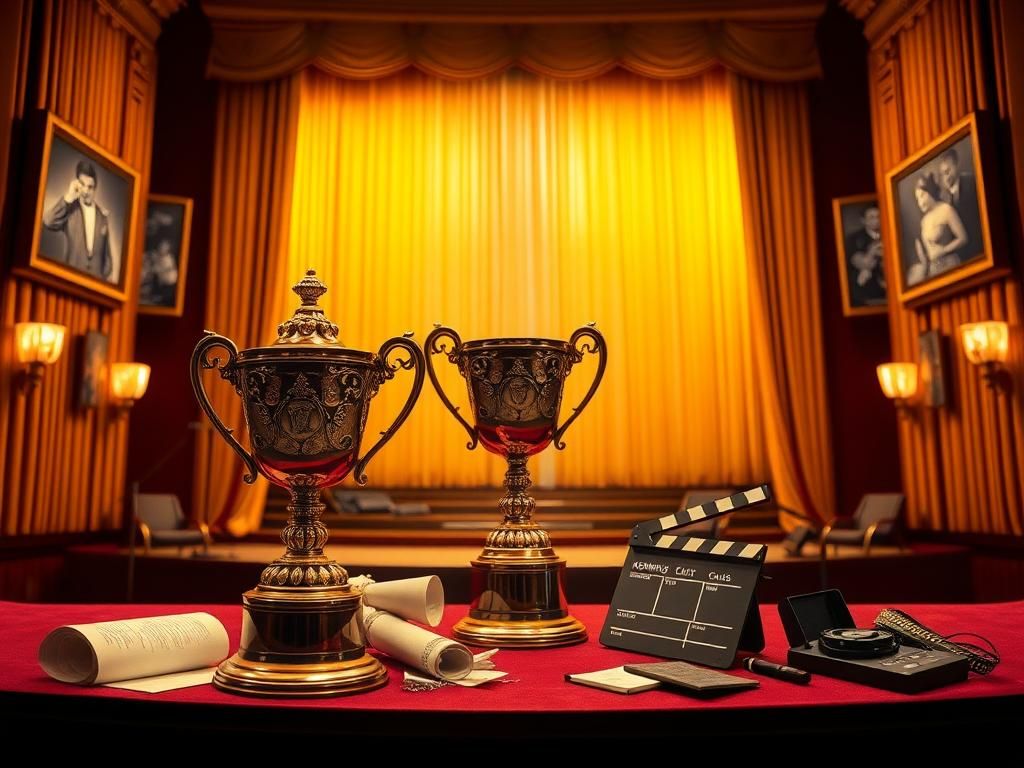 Flick International Elegant Kennedy Center stage with ornate golden curtains and a gleaming trophy symbolizing artistic honor