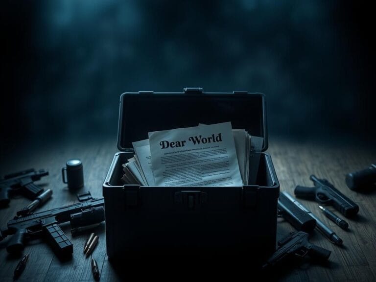 Flick International A gray storage box slightly open, revealing a 'Dear World' letter and hints of firearms and ammunition in a dark, tense setting.