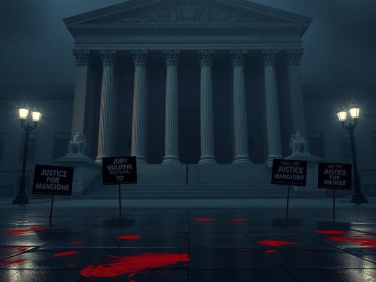 Flick International somber courthouse exterior shrouded in fog with protest signs