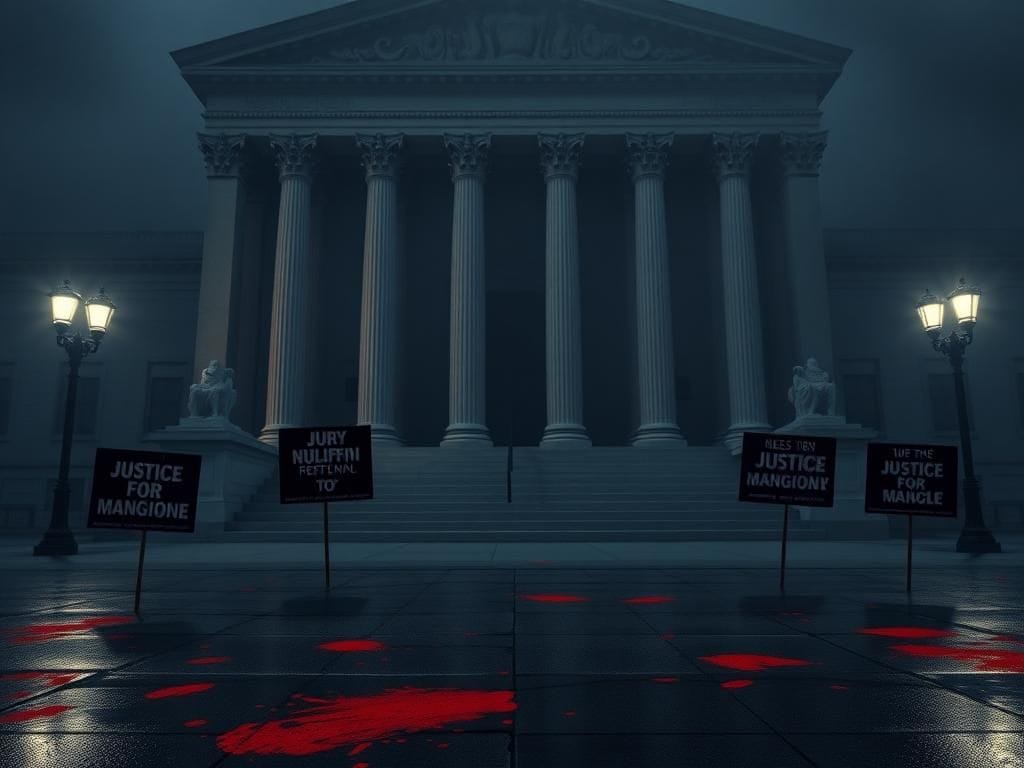 Flick International somber courthouse exterior shrouded in fog with protest signs