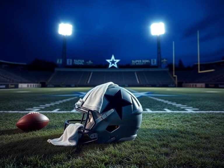 Flick International A football field at dusk featuring the Dallas Cowboys blue star and a football helmet symbolizing D.D. Lewis's legacy