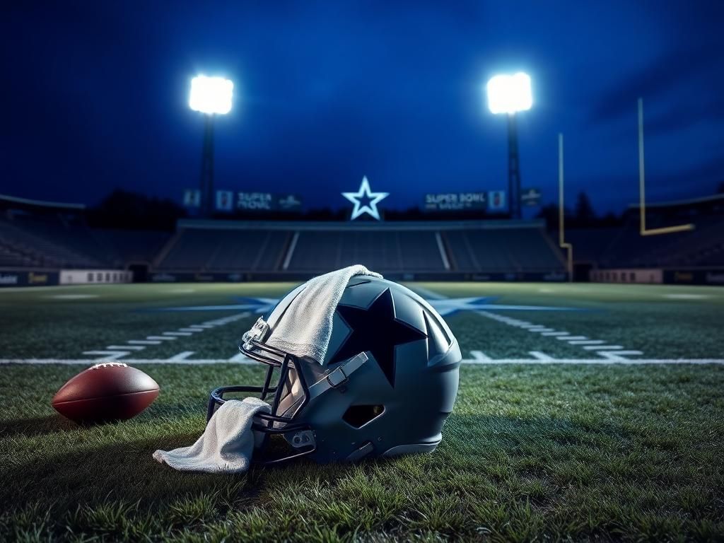 Flick International A football field at dusk featuring the Dallas Cowboys blue star and a football helmet symbolizing D.D. Lewis's legacy