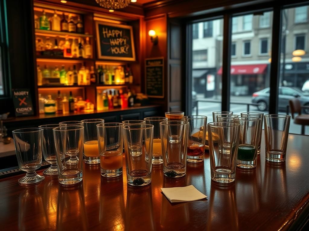 Flick International Cozy bar scene with empty glasses and colorful drink remnants