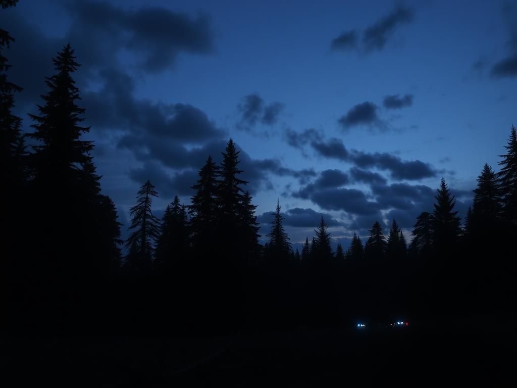 Flick International Military helicopter silhouetted in a dense forest during twilight in Washington state