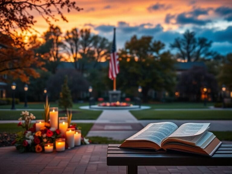 Flick International A serene university courtyard at dusk with flowers and candles arranged in memory of Charlie Kirk.