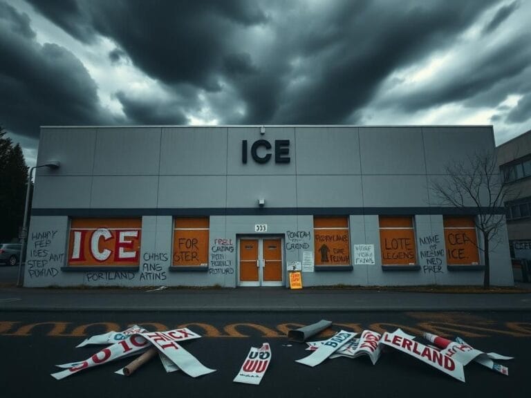 Flick International A stark gray ICE building in Portland surrounded by protest remnants and dark storm clouds