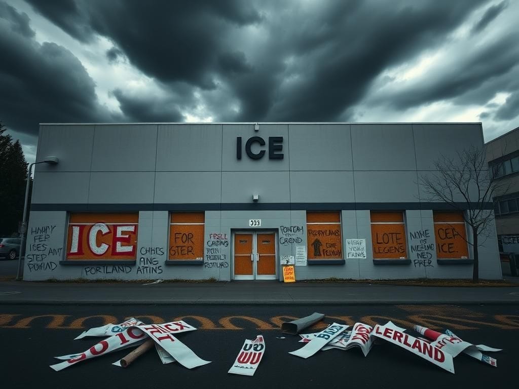 Flick International A stark gray ICE building in Portland surrounded by protest remnants and dark storm clouds
