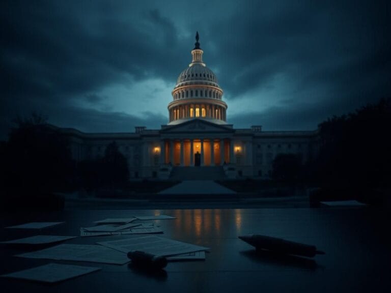 Flick International Dramatic view of the U.S. Capitol building at twilight with an ominous closed doorway framing serious discussions.