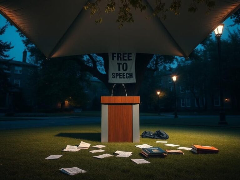 Flick International Empty podium under a tent on a university campus during twilight, symbolizing the importance of free speech
