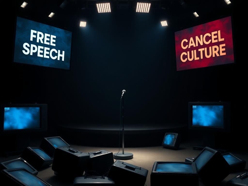 Flick International Darkened television studio stage with a single microphone, representing the absence of Jimmy Kimmel after ABC's decision.