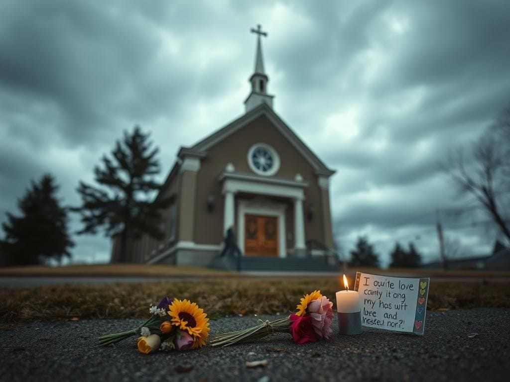Flick International Exterior view of Annunciation Catholic Church in Minneapolis with a bouquet and memorial