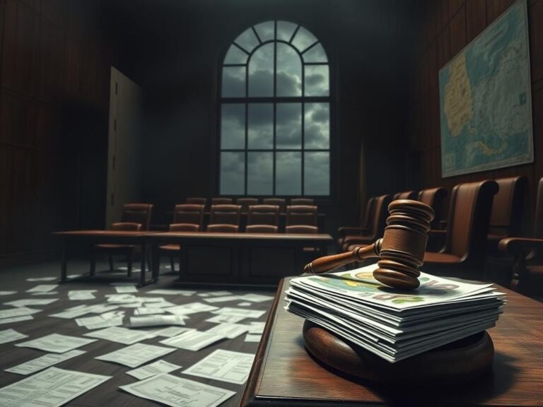 Flick International A somber courtroom scene with a gavel, symbolizing justice for Guatemalan minors facing deportation.