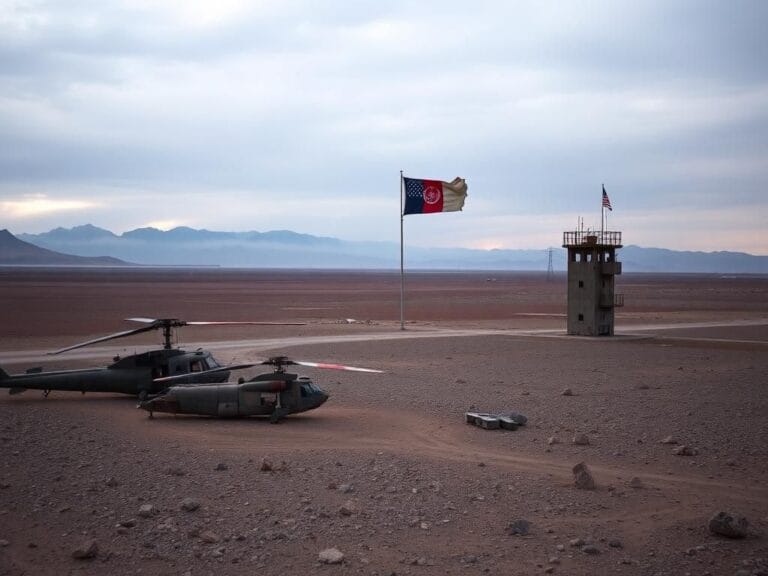 Flick International A desolate landscape of Bagram Airfield featuring rusting military equipment and faded national flags