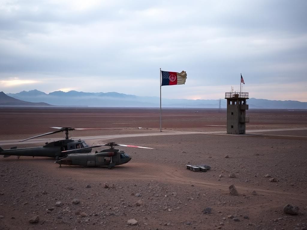 Flick International A desolate landscape of Bagram Airfield featuring rusting military equipment and faded national flags