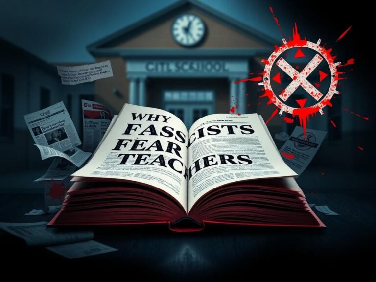Flick International Open book titled 'Why Fascists Fear Teachers' surrounded by newspaper clippings and social media posts, with a blurred school building in the background