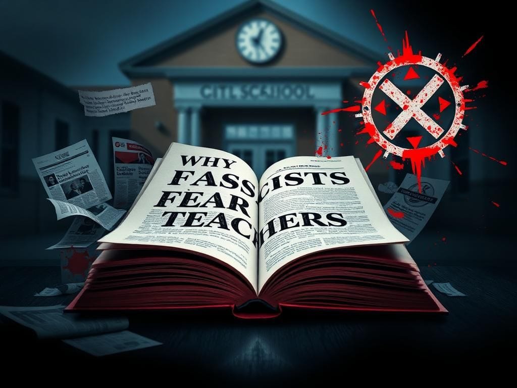 Flick International Open book titled 'Why Fascists Fear Teachers' surrounded by newspaper clippings and social media posts, with a blurred school building in the background