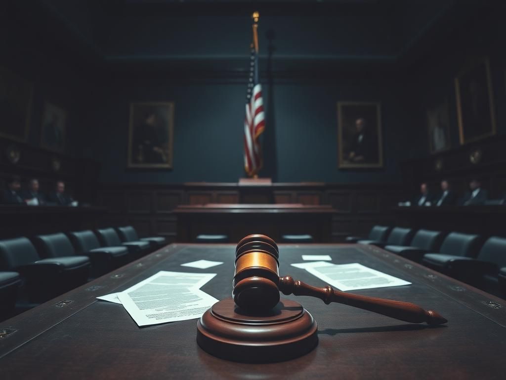 Flick International Political debate scene with a gavel on a desk and shadowed portraits in a dimly lit legislative chamber