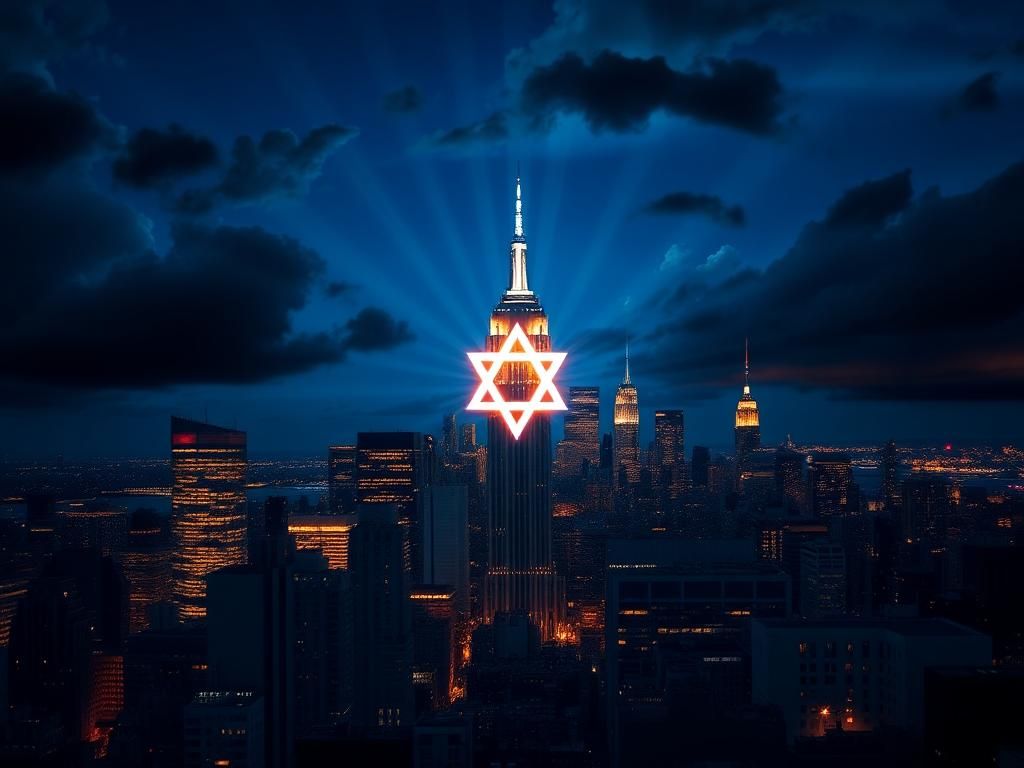 Flick International Dramatic nighttime skyline of New York City with the Empire State Building and One World Trade Center illuminated against a deep blue sky