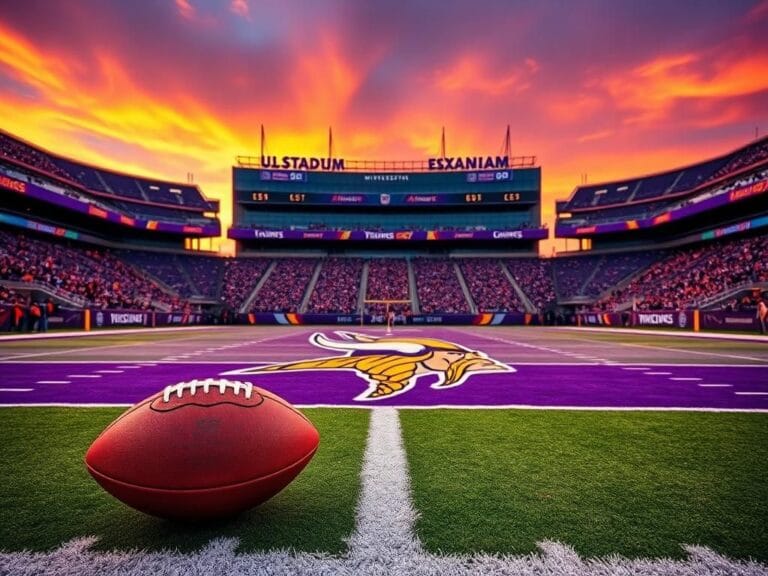 Flick International NFL football field at U.S. Bank Stadium with Minnesota Vikings logo and a football on the 50-yard line