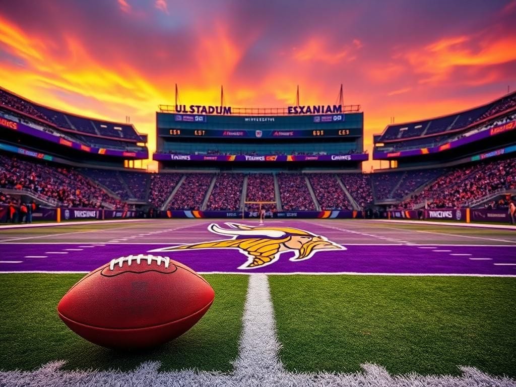 Flick International NFL football field at U.S. Bank Stadium with Minnesota Vikings logo and a football on the 50-yard line