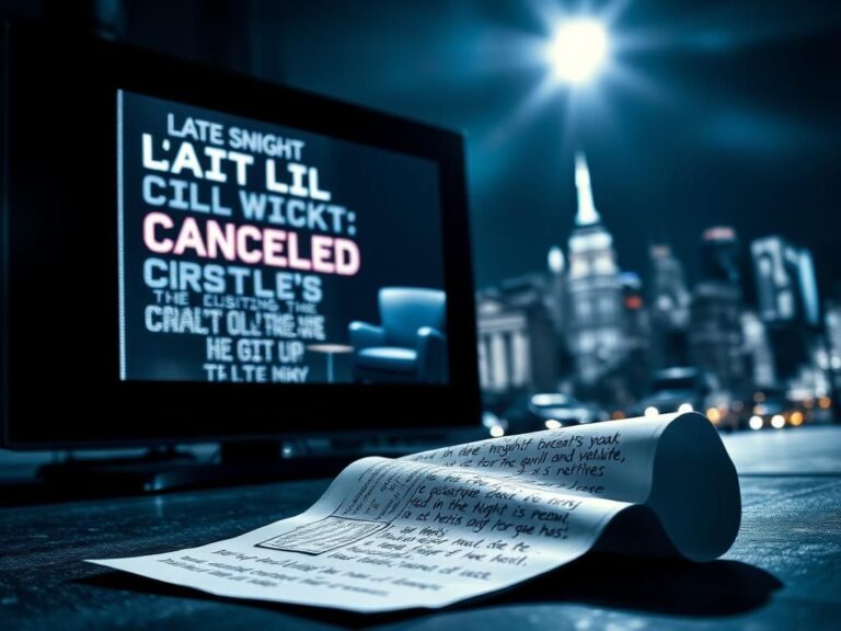 Flick International A dramatic television scene showing an empty late-night talk show set symbolizing cancellation