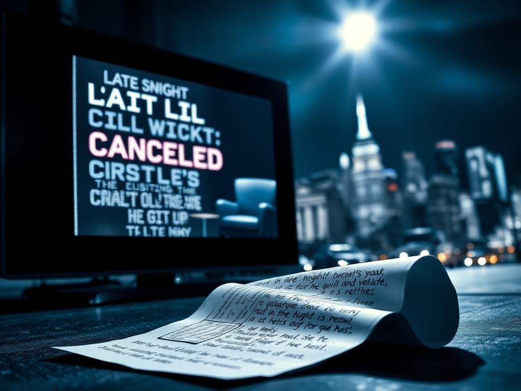 Flick International A dramatic television scene showing an empty late-night talk show set symbolizing cancellation