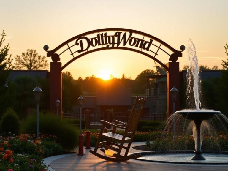 Flick International Serene view of Dollywood's entrance with vibrant flowers and iconic archway