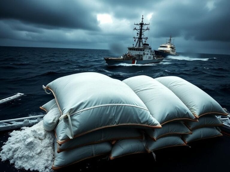 Flick International U.S. Coast Guard cutter navigating turbulent ocean waters with seized cocaine bags visible on deck