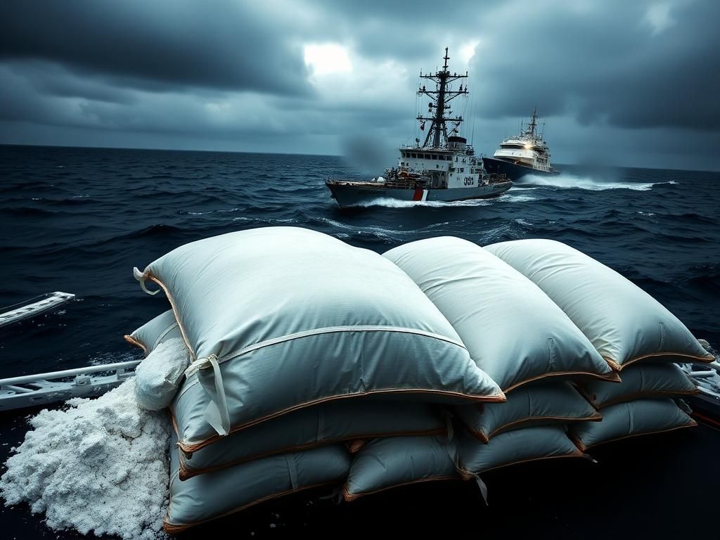 Flick International U.S. Coast Guard cutter navigating turbulent ocean waters with seized cocaine bags visible on deck