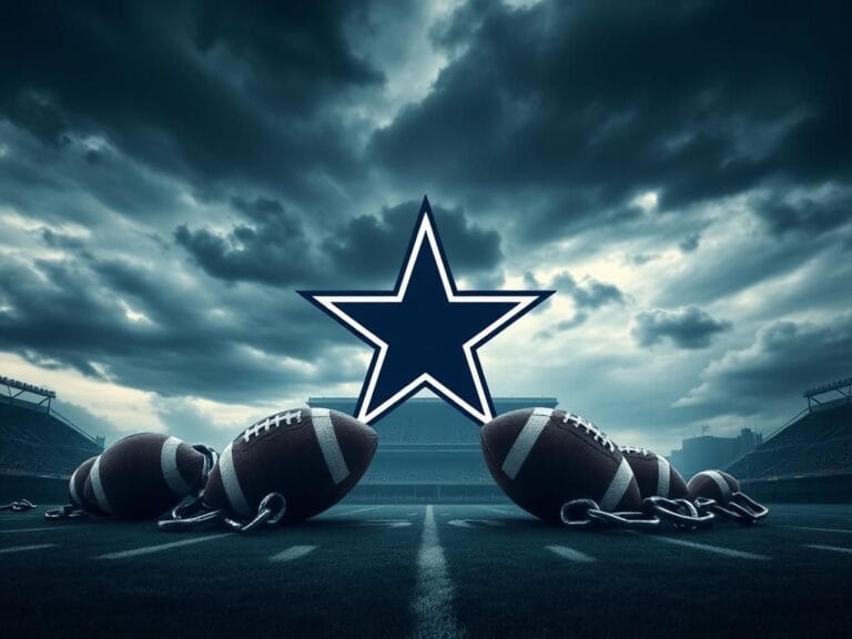 Flick International A dramatic football field scene under a stormy sky with the Dallas Cowboys logo and cracked footballs symbolizing lost opportunities